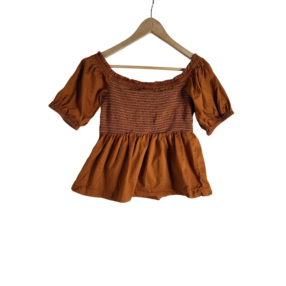 Old Navy Rust Brown Smocked Peplum Puff Sleeve Top Square Neck Medium